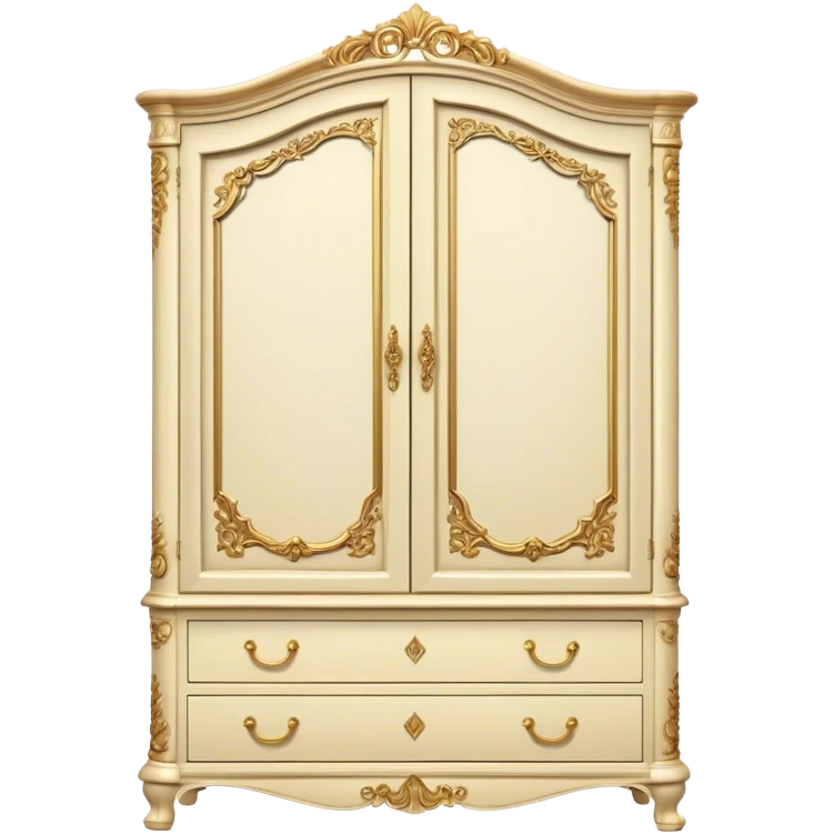 "Elegant vintage cream-colored wardrobe with ornate details, curved top, gold handles, and two bottom drawers, set against a black background."





 emoji
