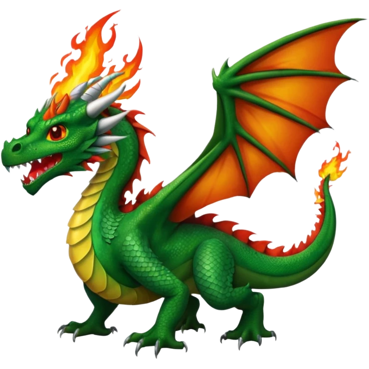 Full sized Dragon with wings and flying, fire from mouth emoji