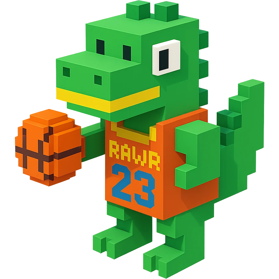 надпись "RAWR" и динозавр с баскетбольном мячом в майке с надписью "23", no background emoji