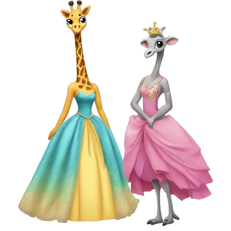 Ostrich and giraffe in Disney princess dresses emoji