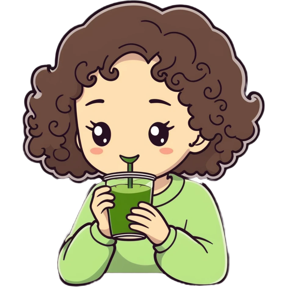 curly haired girl drinking matcha, cartoonish sticker style emoji
