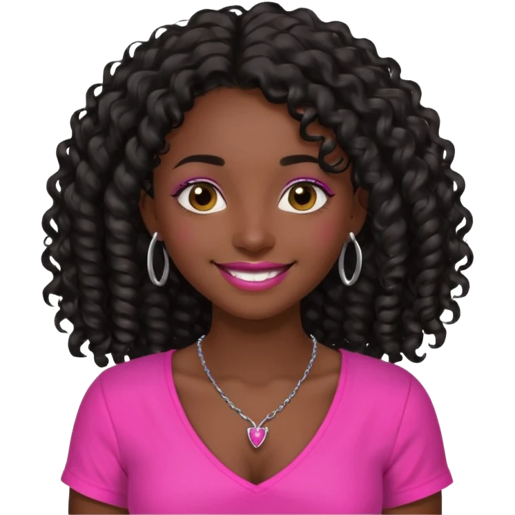 Dark skin girl with long black curly hair with 4 edges 2 on each side wearing a hot pink v-cut neckline shirt with a simple silver necklace emoji