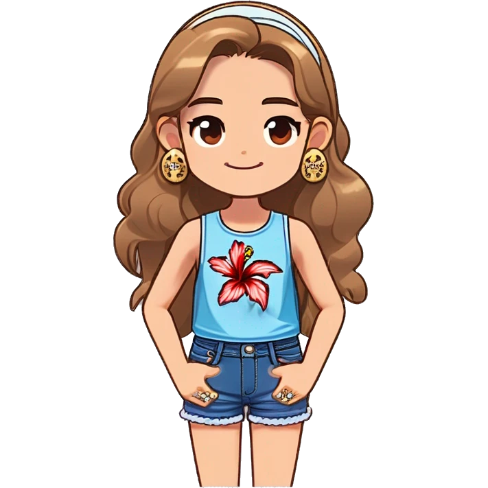 teen girl with light brown hair wearing a light blue and white tank top with lace and a pair of denim shorts. She has a hibiscus behind he right ear. She is wearing a gold chain around her neck, and little gold starfish earrings emoji