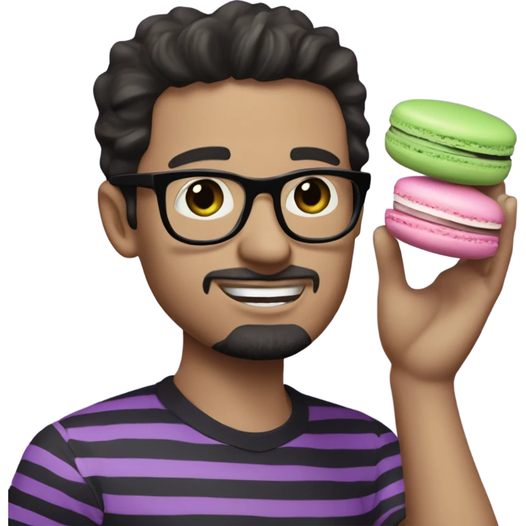 A white man with dark hair, black eyeglasses, and a thin, horizontal striped shirt in shades of purple, black, and light green holds a macaron in the palm of his hand. emoji