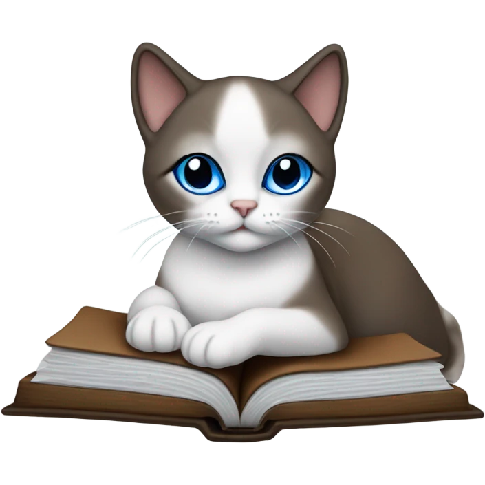 Snowshoe cat with blue eyes, darker face, full body laying on an open Bible emoji
