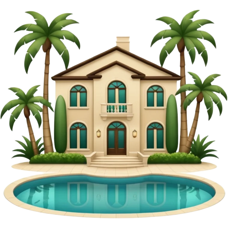 light beige luxurious villa with swimming pool and dark green palm trees, emoji style emoji