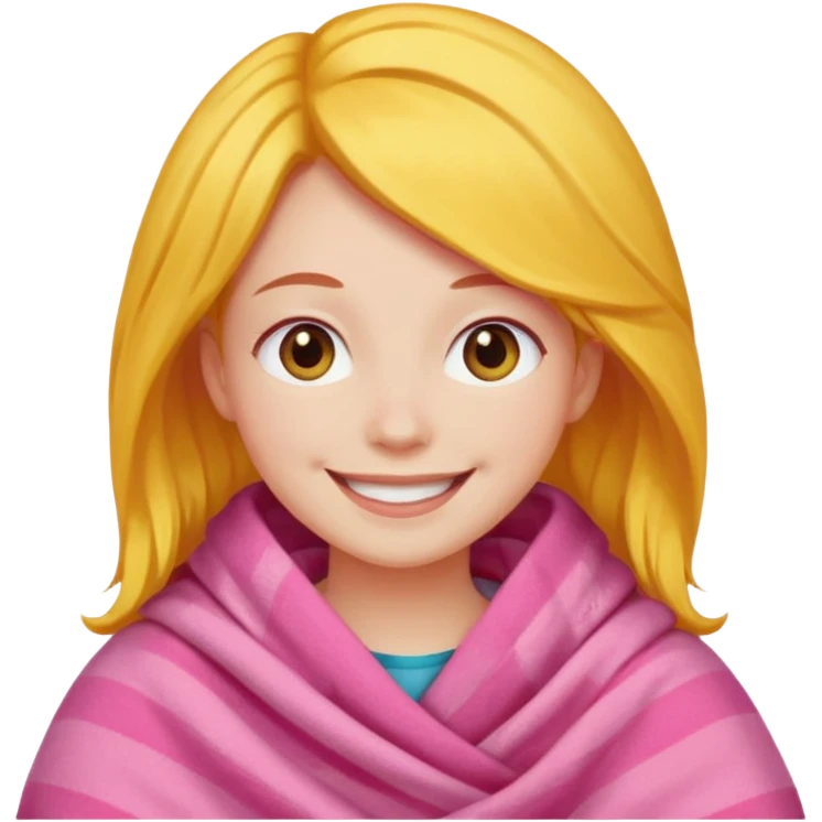 happy smile emoji red cheeks in pink blanket dark yellow hair emoji