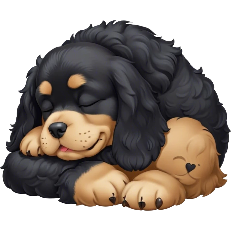 Cinematic Meme-Worthy Chubby Sleeping Black Cocker Spaniel Portrait Emoji, Head resting peacefully with a contented smile, showcasing a delightfully chubby build and a luxuriously soft black coat with gentle tan markings, eyes shut in a serene nap, Simplified yet hilariously adorable features, highly detailed, glowing with a soft, drowsy light, high shine, relaxed and utterly lovable, stylized with an air of playful laziness, bright and heartwarming, soft glowing outline, capturing the essence of a comically sleepy companion, so meme-worthy it feels like it could instantly become the next viral sensation of adorable slumber! emoji