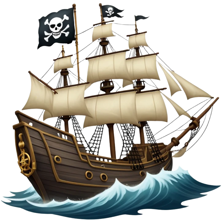An icon representing an adventure game, inspired by high-seas exploration. The design features a fearless pirate gripping the wheel of a grand sailing ship, its tattered Jolly Roger flag billowing as it cuts through stormy waters. The scene evokes danger, treasure, and the thrill of the open sea. Transparent background. emoji
