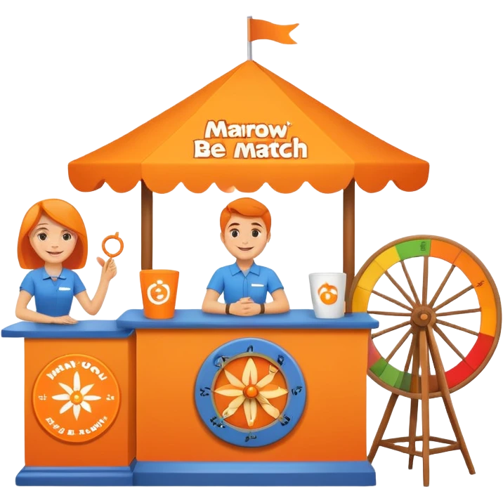 emoji of a recruitment booth. Two cartoon figures stand behind an orange colored table with 'MARROW, be a match' branding, a colorful spinning wheel, and a branded vertical banner. Simplified and cute. emoji