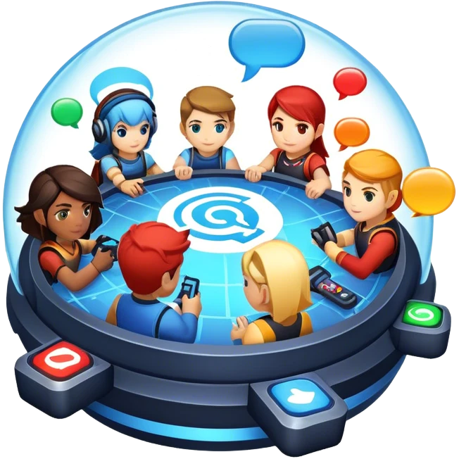 An icon representing multiplayer gaming, featuring a digital arena where diverse characters compete or cooperate. Avatars, chat bubbles, and team icons symbolize online interaction. A game HUD displays player stats, emphasizing teamwork and rivalry. Transparent background. emoji