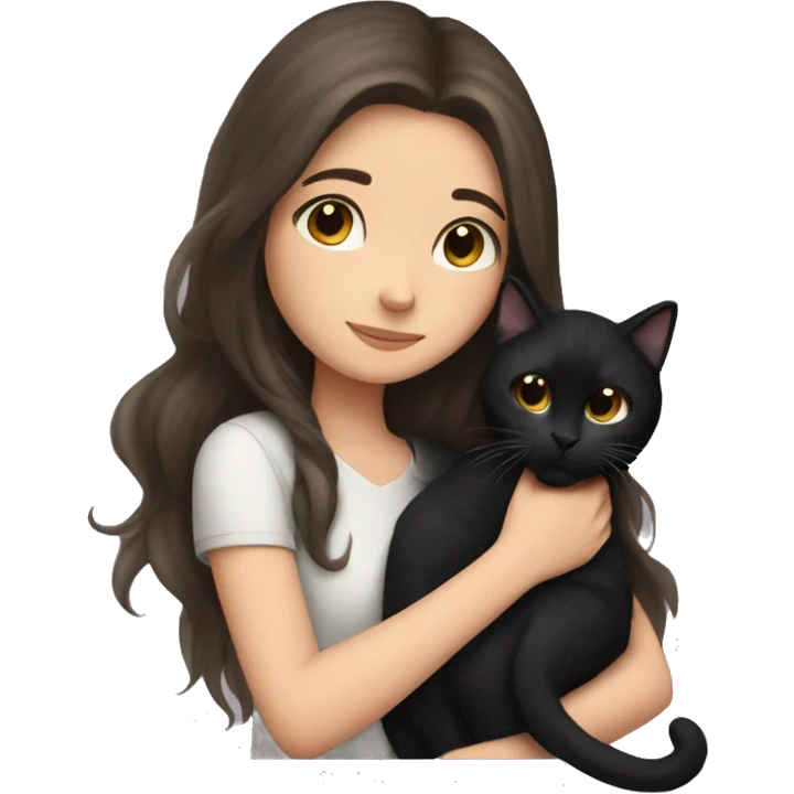 brunette girl with long hair snuggling black cat emoji