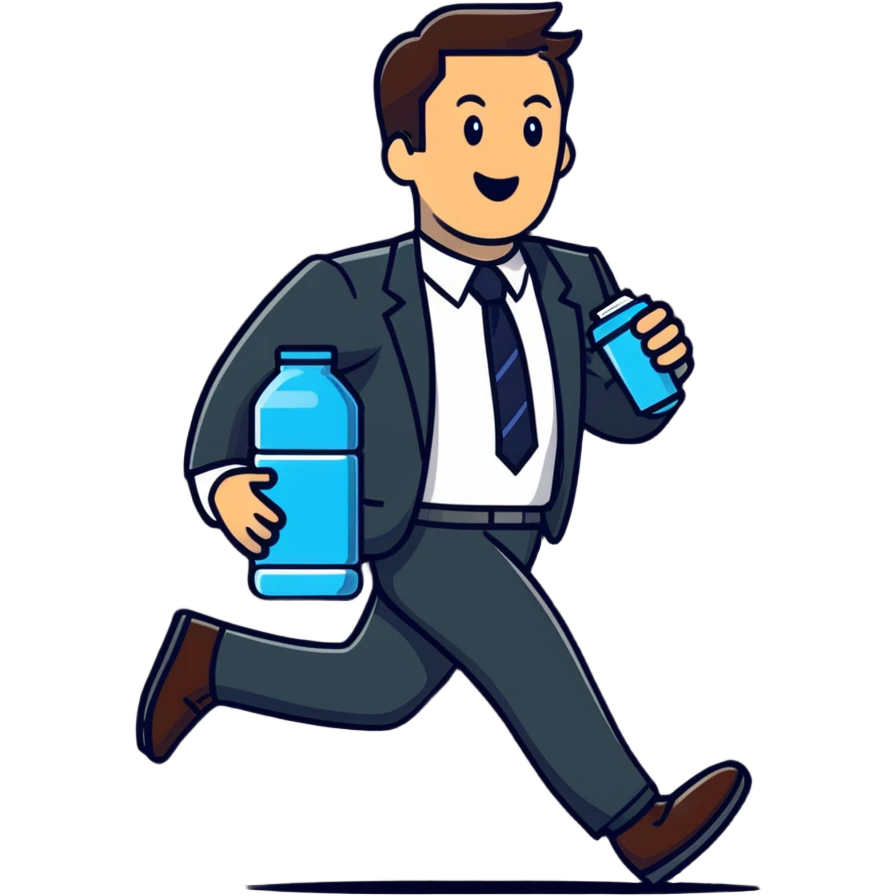 Businessman running a marathon in a suit with a water cooler emoji
