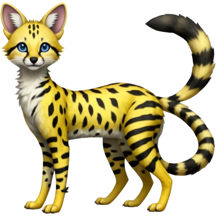 Lanky slender beautiful elegant spotted hype-realistic, black-maned, vibrant yellow Genet-Serval-Sergal-Margay-Fox-fusion-hybrid-furry-fursona, full body, with a long puffy fluffy black-and-white-striped tail, with natural blue eyes emoji