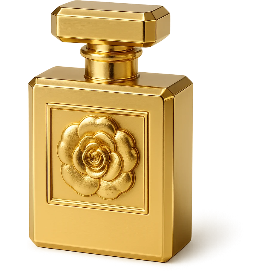 Chanel-inspired perfume bottle, elegant, metallic gold, with a camellia flower accent, luxury fashion vibe emoji