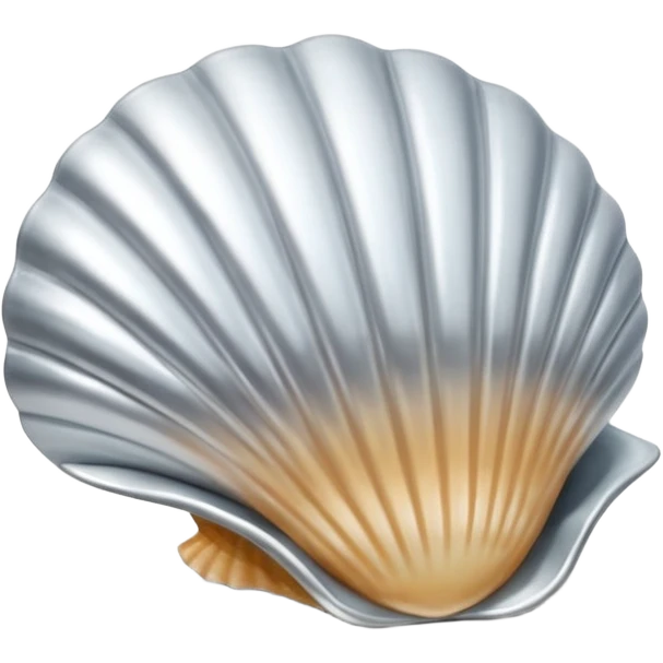A seashell emoji made of polished silver chrome, smooth curved surface, reflective metallic highlights, elegant minimal design, iOS emoji style, centered, clean white background, soft lighting emoji