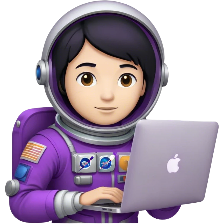 astronaut with purple suit, black hair and a macbook emoji