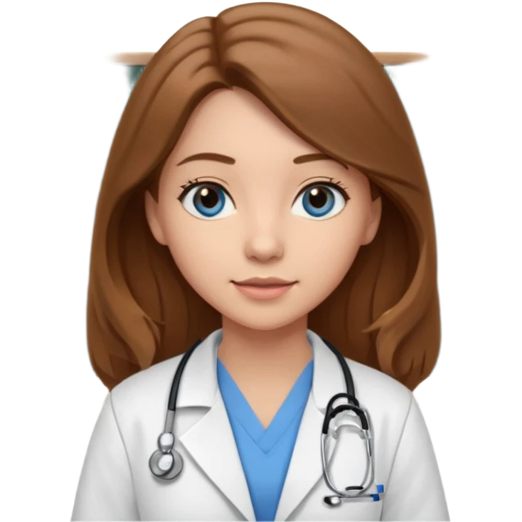 pretty female nursing student with long brown hair, blue eyes inside a classroom at university with blackboard behind her emoji