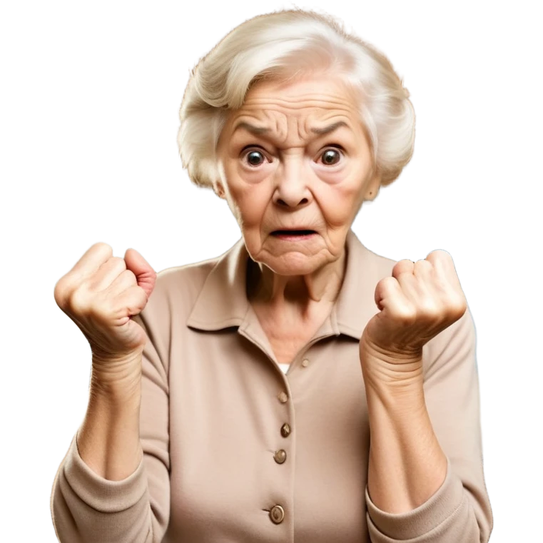 Cartoon style, a close-up shot focusing on the angry elderly neighbor, her face scrunched up in irritation, with one hand gesturing wildly and the other clenched in a fist, shaking it threateningly, her eyes narrowed and her expression exaggerated for comedic effect, the background slightly blurred but still showing hints of the chaotic scene from before, with a few items scattered on the ground, the overall tone is humorous and over-the-top, capturing the essence of a grumpy yet endearing character, DSLR, 50mm focal length, high saturation, animated film aesthetic, exaggerated and comical close-up, Pixar-inspired, animated film look. emoji