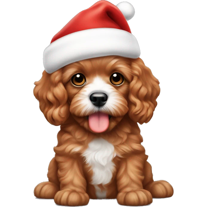 All red cavapoo puppy with no white and a Santa hat emoji