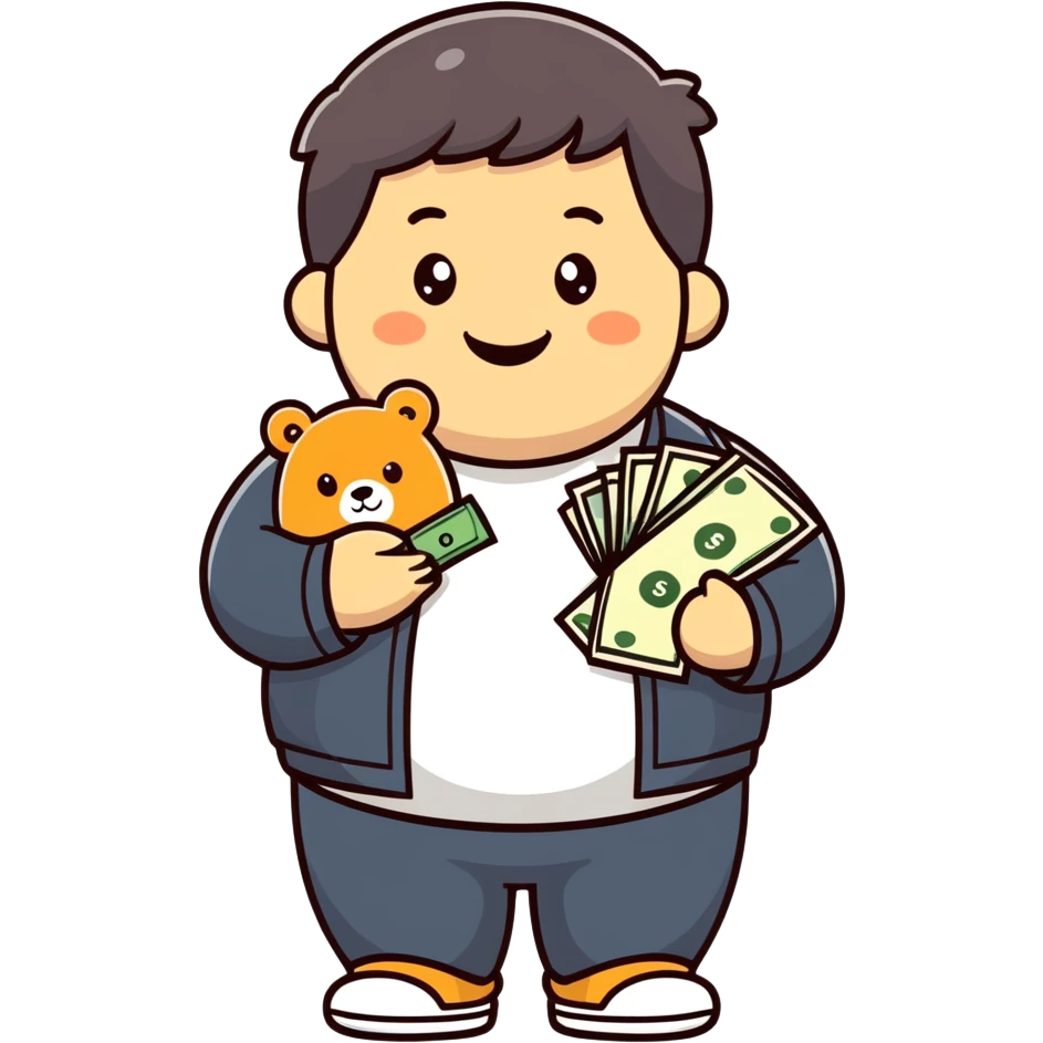 A chubby kid with black bear, holding money smiling and a mask on his chin  emoji