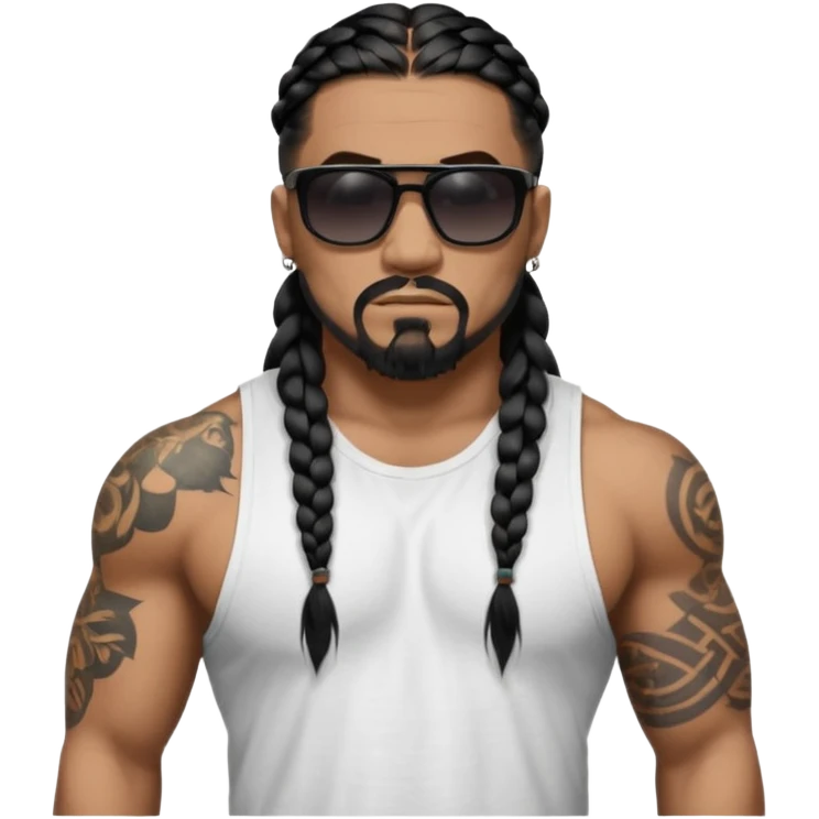 Samoan male. Chin goatee.
Untucked loose fitting white t-shirt. 
long black braided hair.
very muscular.
More tattoos. 
Tough and menacing.
Dark black square sunglasses. emoji