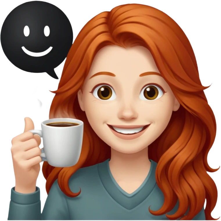 Excited long haired redhead drinking coffee with a sign in front saying GTSY emoji