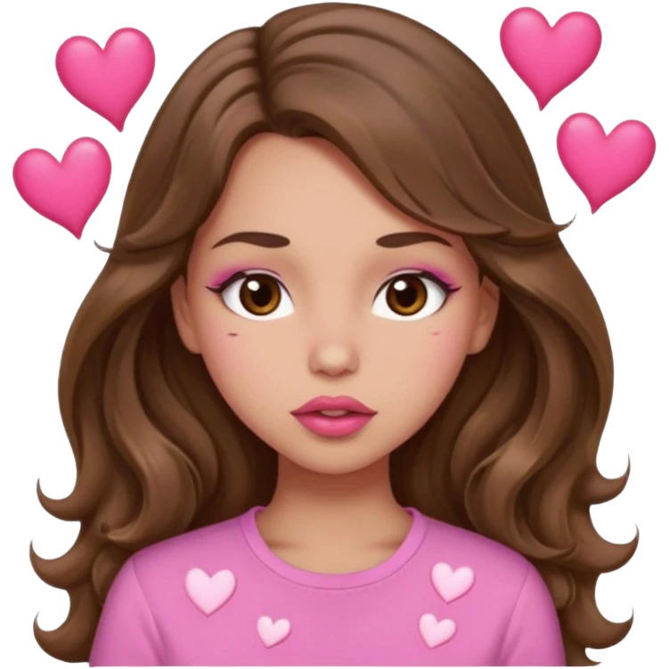 girl with long wavy brown hair, brown eyes, light to medium complexion, in a pink shirt, pink lips, long lashes, puckering lips kissing, blushing with hearts emoji