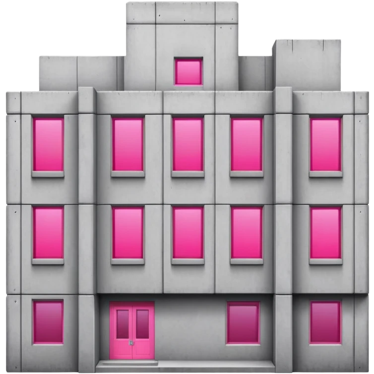 Gray concrete brutalist architecture with a single bright pink window and multiple regular windows emoji