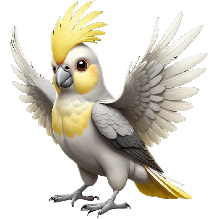 cinematic-[cockatiel]-realistic-full-body-perched-emoji,-wings-tucked-neatly,-head-tilted-dramatically,-sleek-[yellow and grey]-feathers,-simplified-yet-realistic-focused-features,-highly-detailed,-glowing-with-an-almost-sarcastic-glow emoji