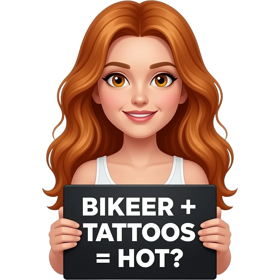 sexy girl with long wavy ginger hair and ginger eyes wearing a white tanktop is holding a black colored sign with BIKEER + TATTOOS = HOT written on it emoji