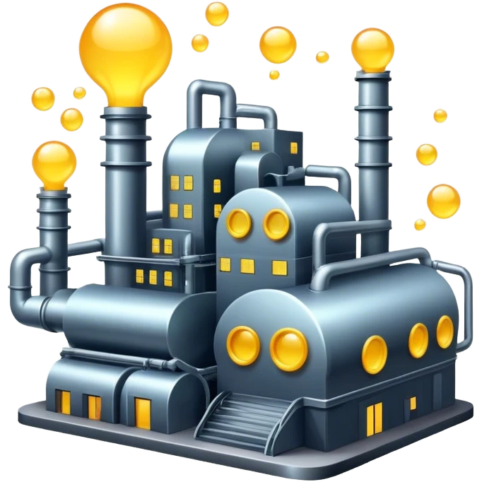 An emoji of a factory, but instead of smoke, creative ideas are coming out as glowing bubbles. emoji