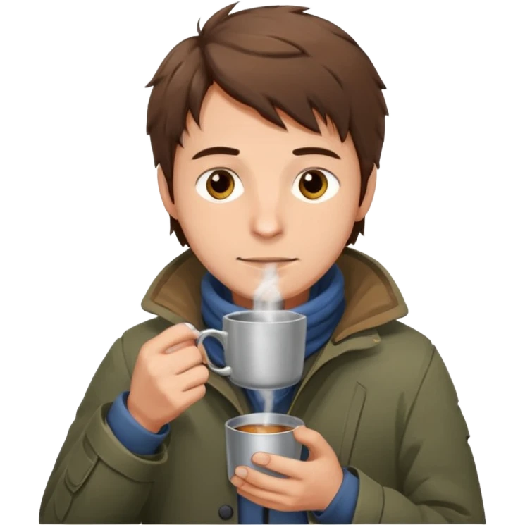 A gentle-looking man with messy hair and layered torn jackets, warming his hands over a small tin cup of hot drink.
 emoji
