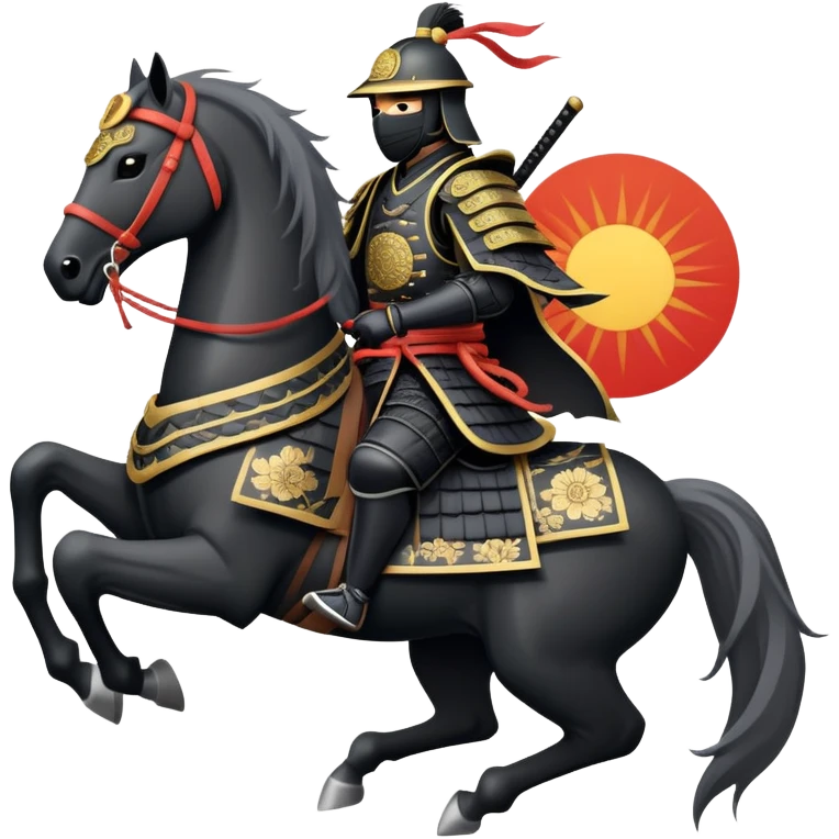 clash-of-clans-aesthetic_-cinematic-fearsome-and-majestic-samurai-bust-portrait-emoji, rendered in a flat, vector-style with minimal shading and bold, simplified shapes typical of emoji art, depicting a battle-hardened samurai with black mask and traditional black Japanese armor. The samurai is riding a noble grey warhorse adorned with an intricately designed saddle and fluttering banners and a rising sun. a zoomed insamurai riding on a  horse emoji