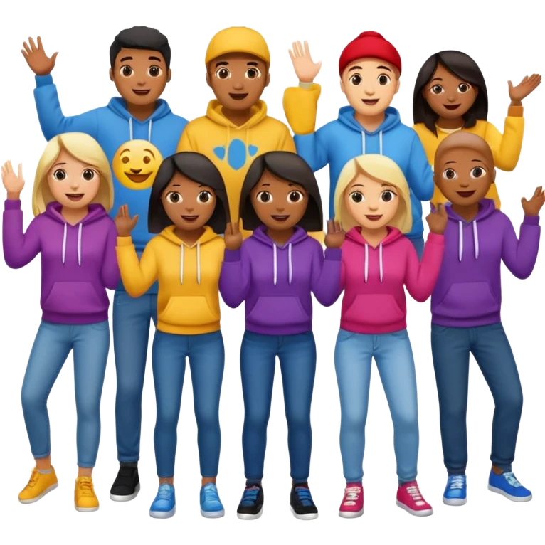 winners’ podium with multi-racial people middle step higher no numbers fun colorful clothes like jeans t-shirts and hoodies excited fun expressive emoji style emoji