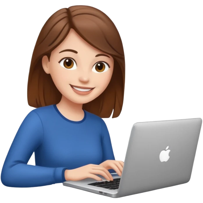 white girl with brown hair using a laptop, smiling emoji