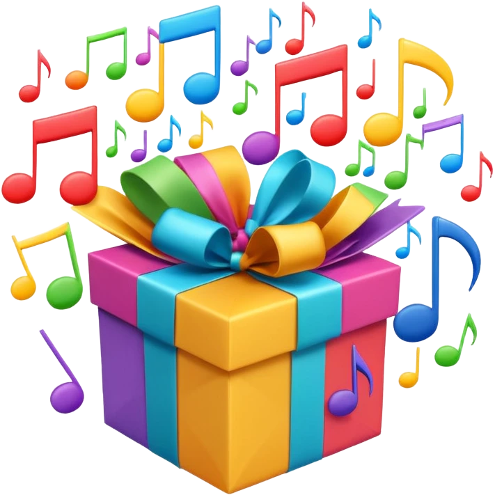 A wrapped gift box opening with colorful music notes flying out. the box is open  emoji