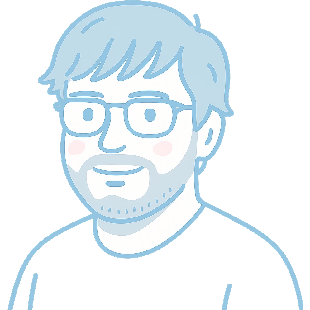 A man with glasses, stylishly messy longer hair with cool well-defined bangs, a naturally round face shape, and a broader nose. Use faded light blue colors for the main outlines, pink highlights for accents, and gray for the short beard and shadow details. emoji
