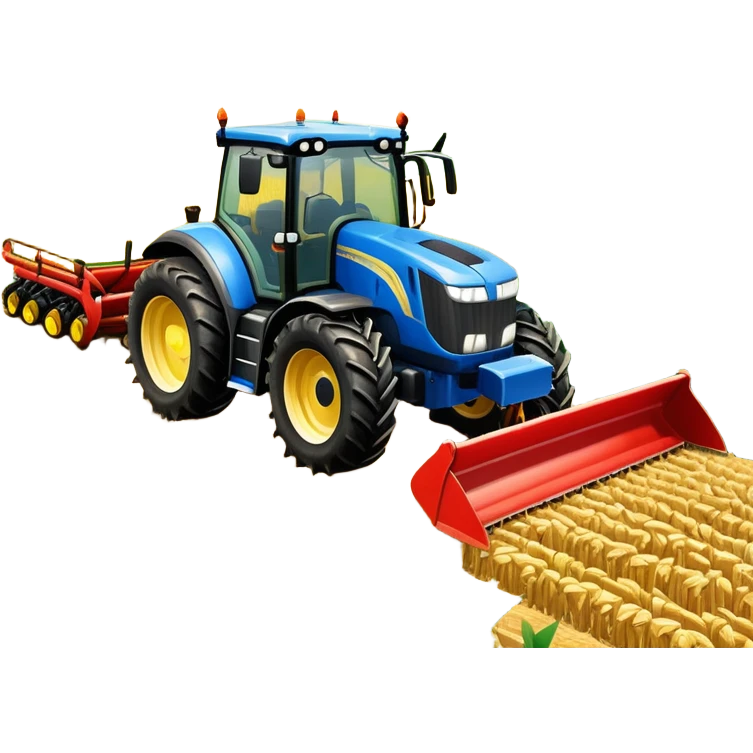 An icon representing a farming simulator, with a detailed tractor plowing fields under a bright sky with rural landscape. The design includes farming tools, crops and barns, symbolizing the immersive experience of managing a farm. Transparent background. emoji