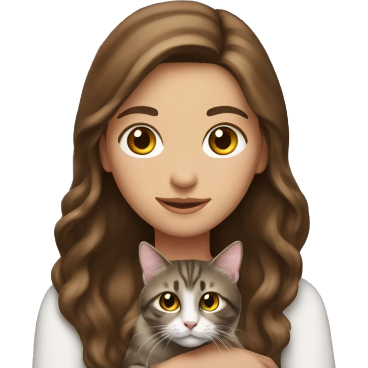 long-haired brunette with a tabby cat in her hands emoji