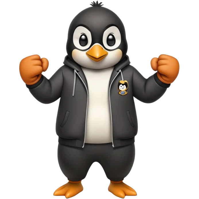 friendly anthropomorphised penguin wearing a mafia-style tracksuit, secretive scheming pose, angry expression, determined stride, holding a knuckle duster emoji