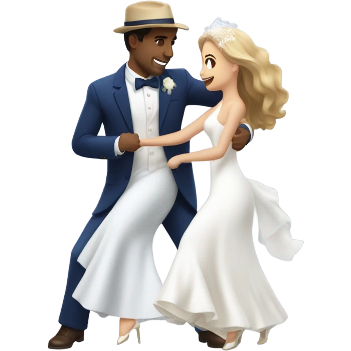 Puerto rican beard short brown hair with blue hat and navy blue suit first dance with blond long hair girl with white  wedding dress  emoji