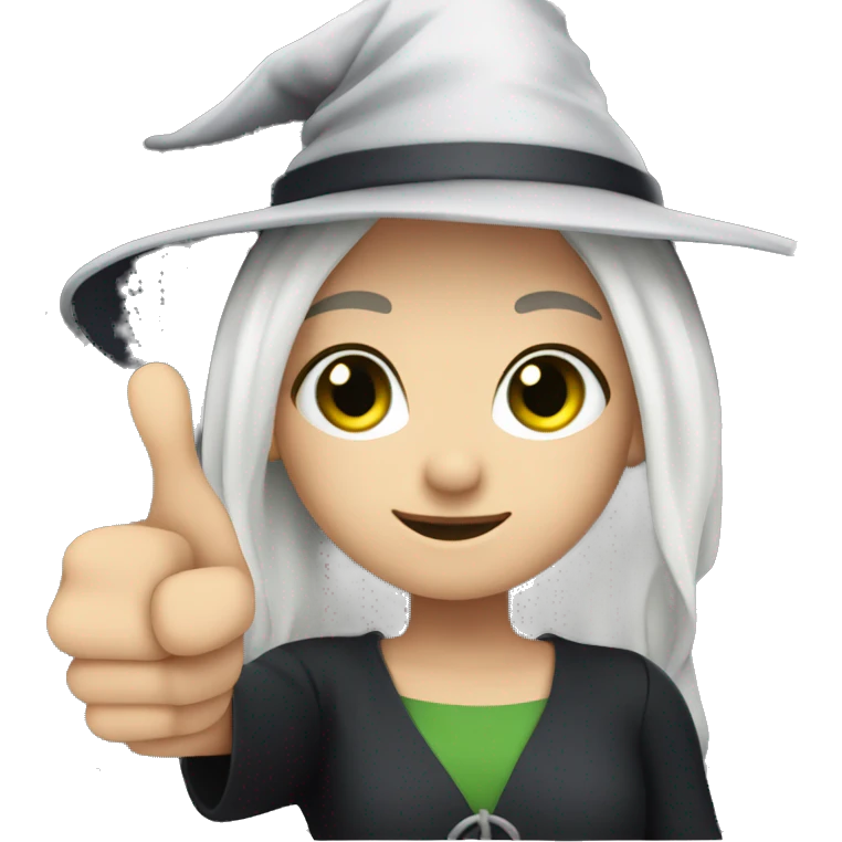 Young witch with white hair and cap, white skin, green eyes, thumbs up   emoji