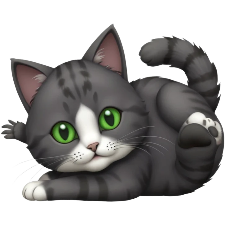 solid dark grey cat with green eyes, completely solid grey face, white toes/paws playing rolling upside down emoji