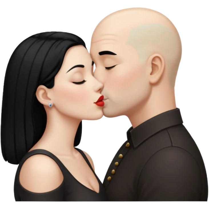 👩🏻‍❤️‍💋‍👨🏻 this one but the man should be bald. white woman with black hair and white bald man kissing emoji
