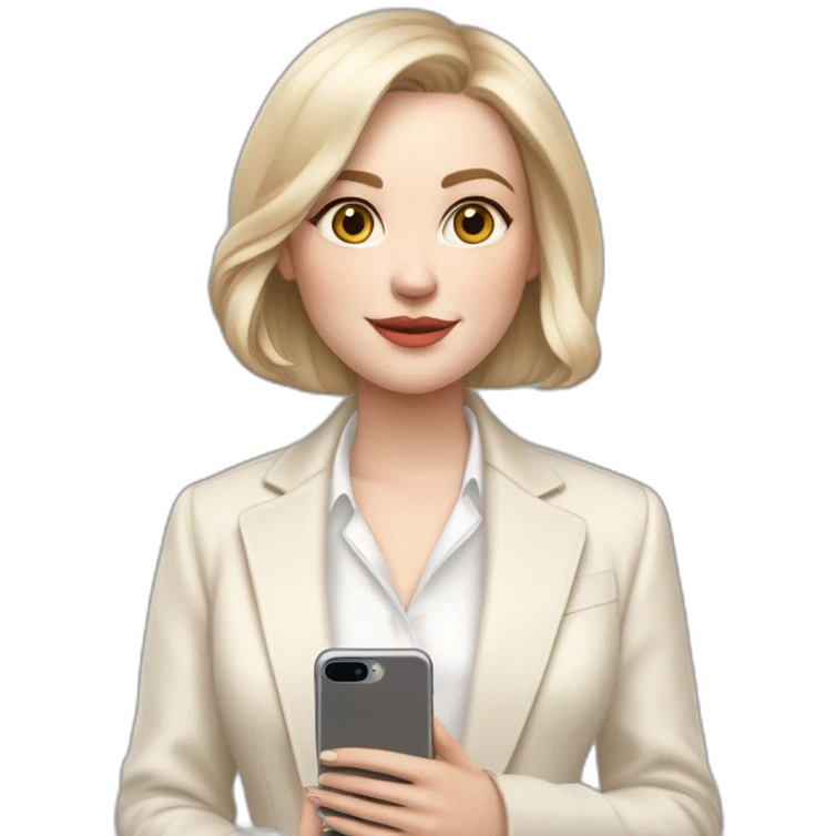 pale skin woman with ash blonde Straightened bob Hair, White Spacious classical jacket, beige palazzo Arrow pants and gray blouse holding white IPhone 15 pro in the hands emoji