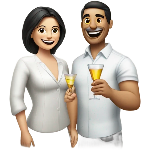 Mexican man and white woman holing a pill in one hand and a glass of martini in the other hand smiling and cheering emoji