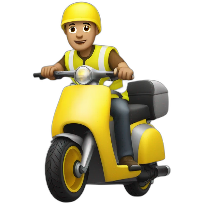 a bald man with a yellow safety vest and a yellow bicycle helmet on a scooter emoji