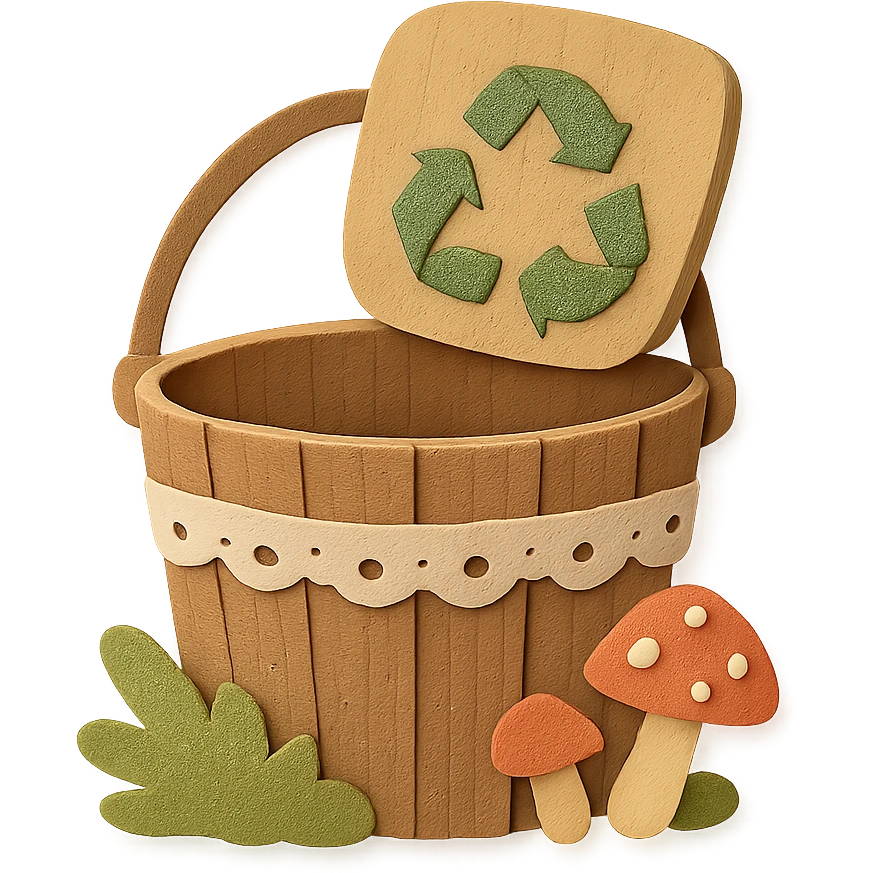 empty recycling bin rustic wooden pail with lace, moss, mushrooms, open and empty, no text, transparent background, cottagecore style emoji