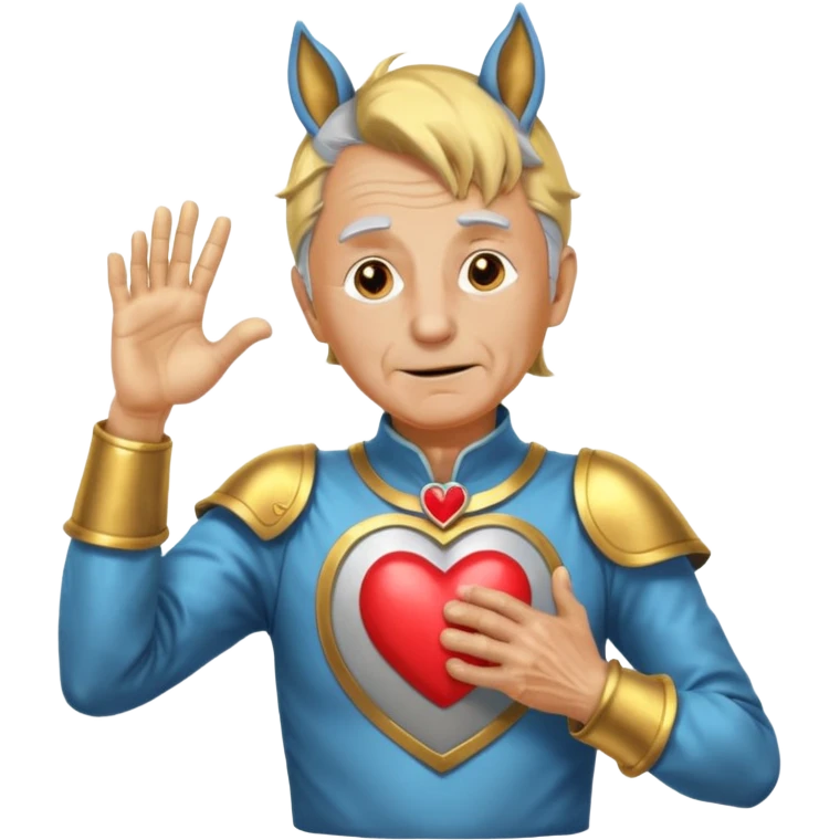 An elderly man with golden skin, his body shining like polished metal, wearing a horse cosplay costume with horse ears and a tail. He is making a heart shape with his hands and blushing slightly, showing a shy and embarrassed expression. emoji